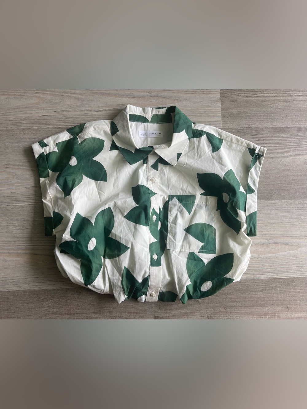 Zara Kids Girls Green Floral Crop Button Down Shirt 13-14 164